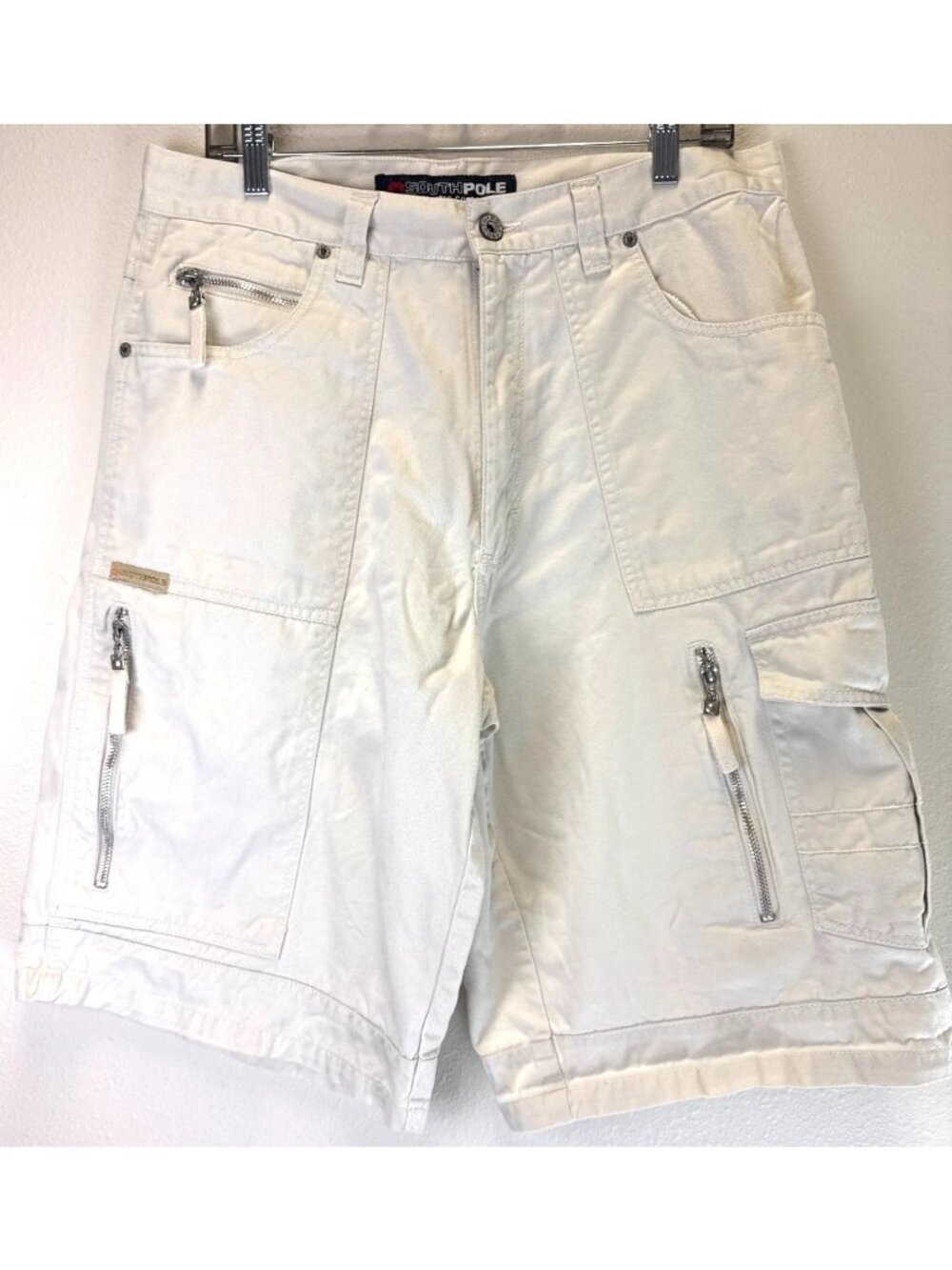 Southpole Mens Beige Cargo Shorts Multiple Zipper Pockets Size 34 Grunge Y2K